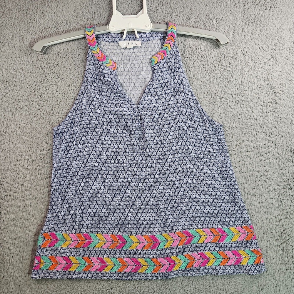 THML Sleeveless Top Women Small Embroidered Floral Geometric Print Blue - S